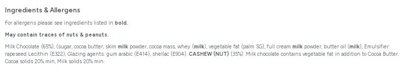 Carol Anne Milk Chocolate Cashew Nuts 100g Bag
